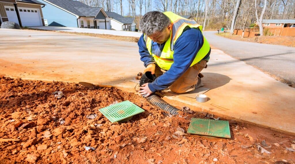 Worker repairs drainage system near residential area on sunny day